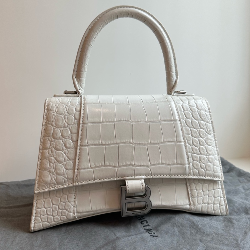 BALENCIAGA Hourglass Handbag Small in white shiny crocodile embossed calfskin